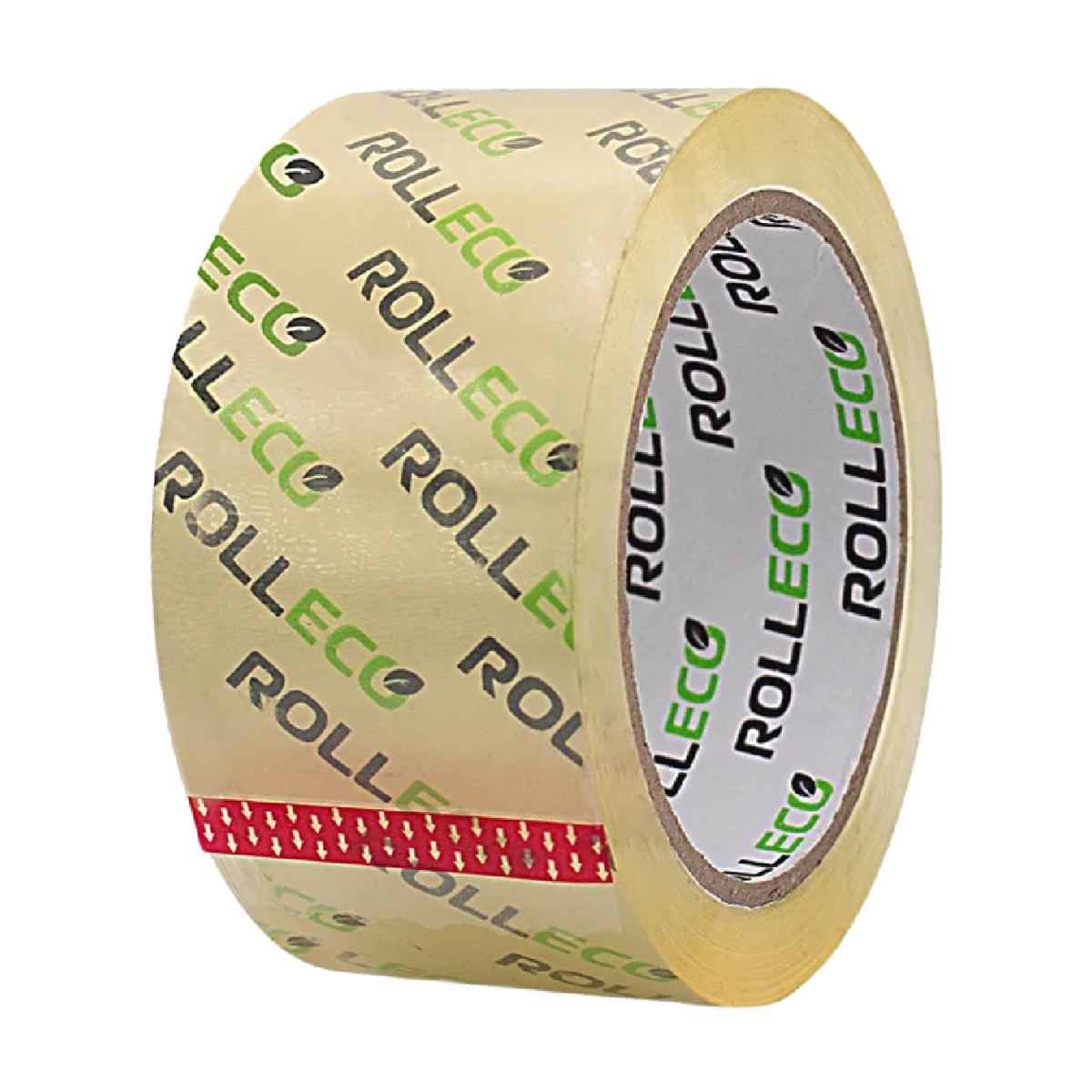 Transparentes Paketband mit rotem Hinweisstreifen, robust und rei&szlig;fest.