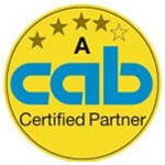 Rundes gelbes Partnerlogo mit Schriftzug „cab Certified Partner“ und vier Sternen – Labelident ist zertifizierter Partner für cab Etikettendrucker.