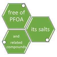 Gr&uuml;ne Waben mit der Aufschrift &bdquo;free of PFOA, its salts and related compounds&ldquo; &ndash; Hinweis auf die Konformit&auml;t von Labelident Produkten mit der EU-Verordnung 2020/784.