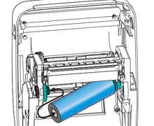 Grafische Darstellung des Zebra GK420t Etikettendruckers mit eingelegtem Farbband auf der unteren Vorratsspule zur erstmaligen Einrichtung.