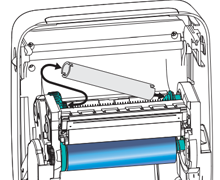 Grafik des Zebra GK420t Etikettendruckers mit dem Einsetzen eines leeren Farbbandkerns auf die obere Aufwickelspule.