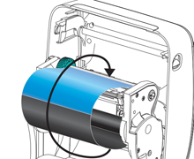 Illustration des Zebra GK420t Druckers beim Befestigen des Farbband-Startstreifens am leeren Farbbandkern mit Klebestreifen.