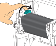Grafik zeigt das Spannen des Farbbandes im Zebra GK420t Drucker durch Drehen des Einstellrads mit der Hand.