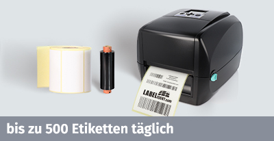 Desktopdrucker mit Etikettenrolle und Farbband f&uuml;r Druckmengen bis zu 500 Etiketten t&auml;glich.