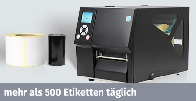 Industriedrucker mit gro&szlig;er Etikettenrolle und Farbband f&uuml;r hohe Druckvolumen &uuml;ber 500 Etiketten t&auml;glich.