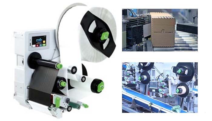 Großrolle mit Etikettenmaterial in einem Printmodul sowie Anwendung an automatisierten Fertigungslinien – ideal für Print & Apply Systeme mit hoher Auslastung.