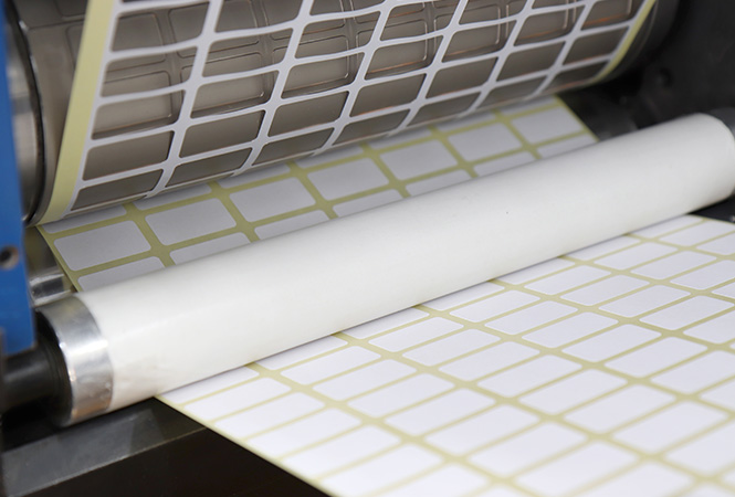 Stanzmaschine im Einsatz bei der Herstellung unbedruckter Etiketten auf Rolle &ndash; pr&auml;zise Verarbeitung im Maschinenpark von Labelident.